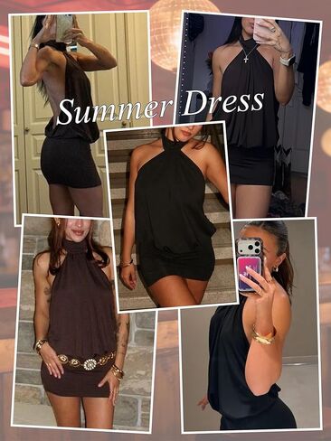 Women's Halter Mini Dress Backless Bodycon Night Short Cocktail Dresses Ruffle Going Out Club Y2k Formal Party in Saudi Arabia