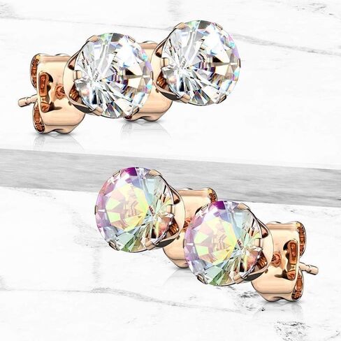 Pair of Rose Gold IP Over 316L Stainless Steel Stud Earring with Round CZ in Saudi Arabia