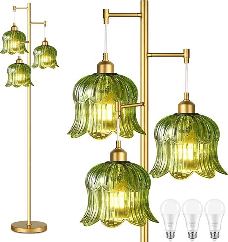 Pink Floor Lamp for Living Room,Bedroom,Gold Mid Century Modern Standing Lamp Brass Tree 3 Light Tall Floor Lamps Vintage Retro Floor Lights Glass Flower Lamp Shade Girls Kids Boho Bohemian in Kuwait