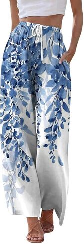 Linen Pants for Women Vintage Floral Palazzo Crop Pants Wide Leg Lounge Baggy Drawstring Waist Trousers in Kuwait