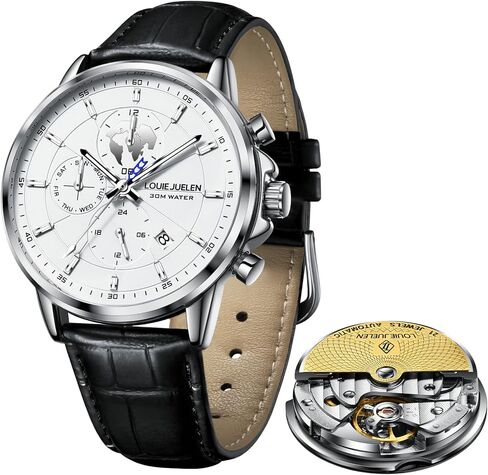 Men Automatic Watches with Self-Winding Movement Stainless Steel Mechanical Watch 42mm Waterproof Luminous Analog Wristwatch for Men, Silver White Dial Black Leather Band. in Saudi Arabia
