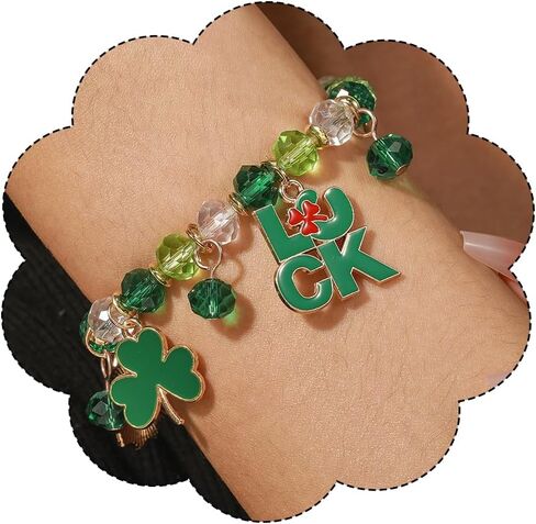 St Patrick's Day Bracelet for Women Stackable Clover Stretch Bangle Shamrock Beaded Bracelets Holiday Jewelry in Saudi Arabia