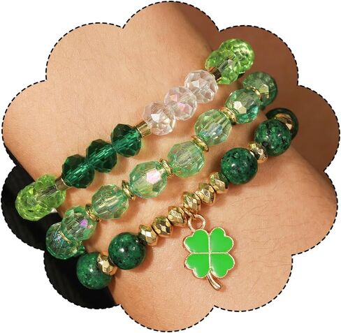 St Patrick's Day Bracelet for Women Stackable Clover Stretch Bangle Shamrock Beaded Bracelets Holiday Jewelry in Saudi Arabia