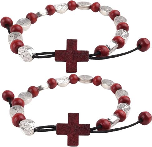 Needzo Red Cross Divine Mercy Rosary Bracelet, Adjustable and Stretchy, Inspirational Faith Accessory, 7 Inches (Pack of 2) in Saudi Arabia