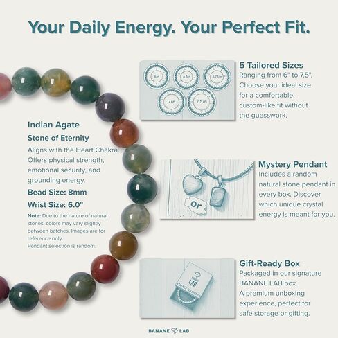 8mm Bold Real Natural Crystal Beaded Bracelet with Mystery Crystal Pendant (Multiple Wrist Sizes) | Large Gemstone Handmade Stretchy Healing Energy Protection Meditation Jewelry Gift for Men Women in Kuwait