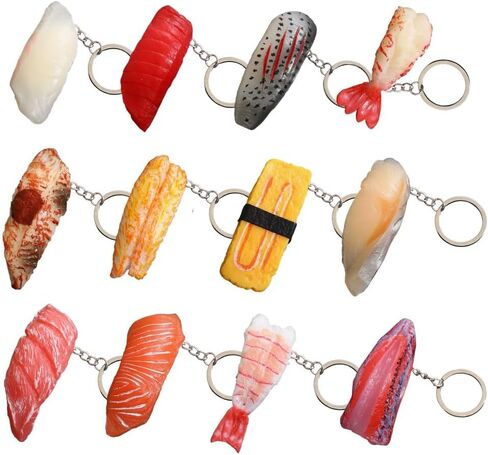 12PC Sushi Keychains Cute Unique Japanese Fake Shrimp Seafood Cool Stuff Purse Chain Kawaii Key Charm Perfect For Mini Purse Bag Accessories Decoration Bulk Gifts For Friends Coworkers Teachers in Saudi Arabia