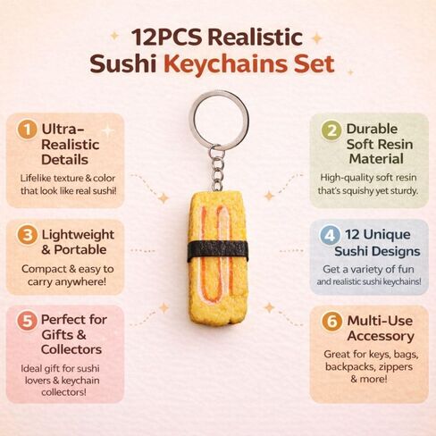 12PC Sushi Keychains Cute Unique Japanese Fake Shrimp Seafood Cool Stuff Purse Chain Kawaii Key Charm Perfect For Mini Purse Bag Accessories Decoration Bulk Gifts For Friends Coworkers Teachers in Saudi Arabia