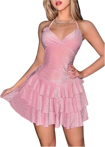 OYOANGLE Women's Glitter 3D Floral Sleeveless Halter Mini Dress Ruched Backless Sexy Party Cocktail Short Dresses in Saudi Arabia