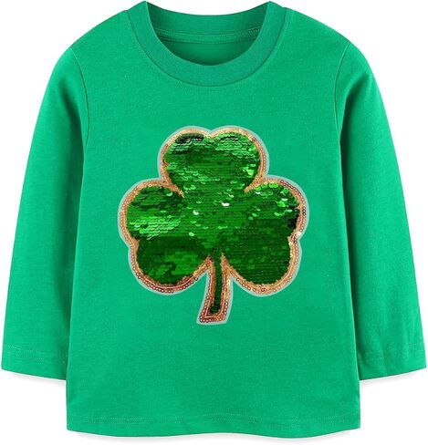 Toddler Girls St Patrick's Day Shirt Lucky Clover Shamrock Sequin T-Shirt Long Sleeve Tops 2-8 Years in Saudi Arabia