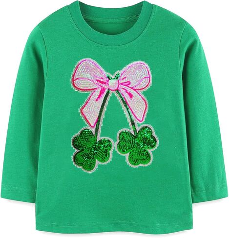 Toddler Girls St Patrick's Day Shirt Lucky Clover Shamrock Sequin T-Shirt Long Sleeve Tops 2-8 Years in Saudi Arabia