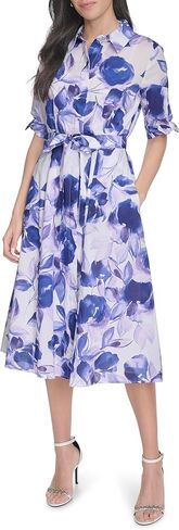 Calvin Klein Women's Short Tie Sleeve Collared Belted Midi Shirtdress in Saudi Arabia