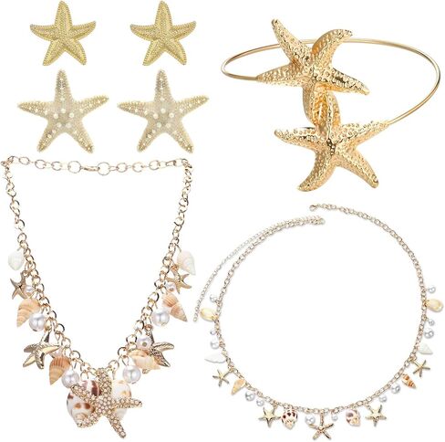 6 Pcs Mermaid Jewelry Costume Accessories Starfish Hair Clips Earrings Armband Shell Starfish Necklace Pearl Waist Chain Belt for Women Halloween in Saudi Arabia