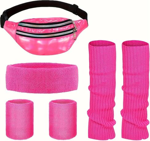 6 Pcs 80s Workout Outfit for Women with Neon Leg Warmers, Headband, Wristbands & Fanny Pack, 80s Costume & Fitness Set for Yoga, Running, Themed Parties in Saudi Arabia