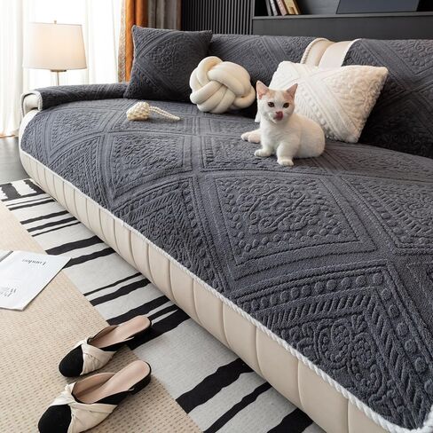 vctops Boho Plush Sofa Couch Covers Geometric Jacquard Fuzzy Couch Cover for Dogs Soft Non Slip Sectional Sofa Slipcover Cozy Washable Furniture Protector for Kids, Pets (Dark Grey,28"x70") in Saudi Arabia