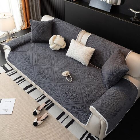 vctops Boho Plush Sofa Couch Covers Geometric Jacquard Fuzzy Couch Cover for Dogs Soft Non Slip Sectional Sofa Slipcover Cozy Washable Furniture Protector for Kids, Pets (Dark Grey,28"x70") in Saudi Arabia