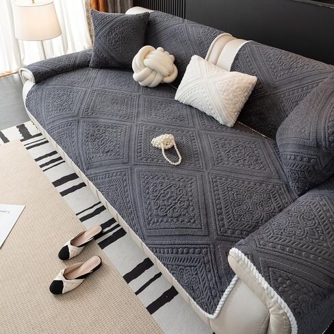 vctops Boho Plush Sofa Couch Covers Geometric Jacquard Fuzzy Couch Cover for Dogs Soft Non Slip Sectional Sofa Slipcover Cozy Washable Furniture Protector for Kids, Pets (Dark Grey,28"x70") in Saudi Arabia