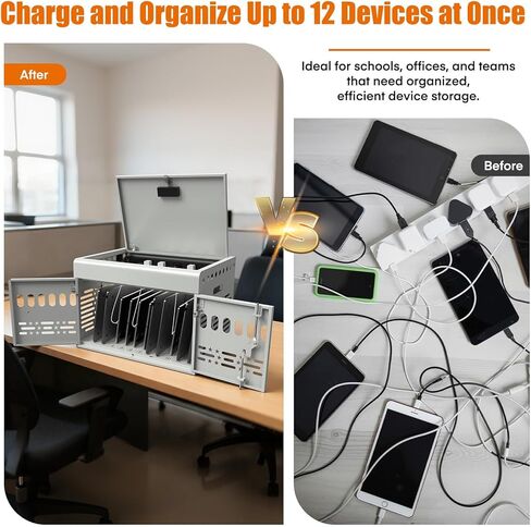 12-Device Tablet Charging Station Lock Box, Computer Cabinet with 2 Keys – Multi-Device Charging Cabinet for iPads, Chromebooks, Fire HD & Phones – Office, School, Hospital (Black),Fully Assembled in Kuwait