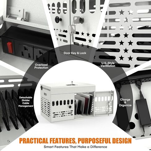 12-Device Tablet Charging Station Lock Box, Computer Cabinet with 2 Keys – Multi-Device Charging Cabinet for iPads, Chromebooks, Fire HD & Phones – Office, School, Hospital (Black),Fully Assembled in Kuwait