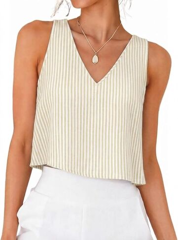 IDEALSANXUN Striped Tank Tops for Women Spring Summer V Neck Cute Cropped Sleeveless Shirts Blouses in Saudi Arabia