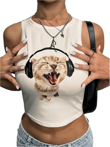 SHENHE Women's Summer Cat Graphic Cropped Tank Top Sleeveless Crew Neck Slim Fit Y2k Tank Shirt in Saudi Arabia