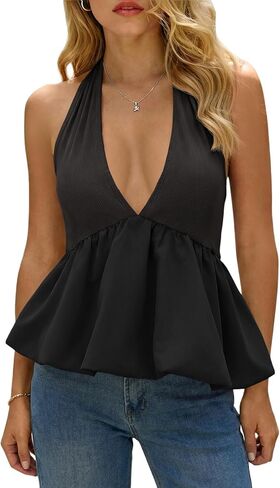 Tankaneo Womens Deep V Neck Halter Tank Tops Summer Trendy Casual Bubble Hem Tie Back Sleeveless Shirts in Saudi Arabia