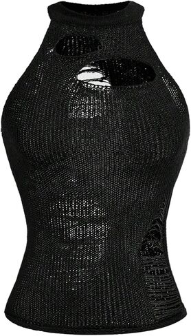 Verdusa Women's Ripped Crochet Halter Top Sleeveless Grunge Date Night Tops Rave Outfits in Saudi Arabia