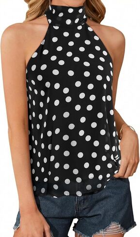 Remidoo Womens Tie Back Sleeveless Blouse Pleated Front Boho High Neck Tank Top in Saudi Arabia