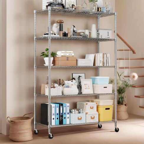 أرفف تخزين Himimi 60 بوصة، أرفف سلكية من 5 طبقات مع عجلات 3250 رطل، أرفف معدنية شديدة التحمل للتخزين، أرفف سلكية قابلة للتعديل لمخزن المطبخ المرآب 24 بوصة Dx60 Wx82 H، فضي in Kuwait