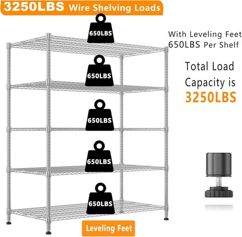 أرفف تخزين Himimi 60 بوصة، أرفف سلكية من 5 طبقات مع عجلات 3250 رطل، أرفف معدنية شديدة التحمل للتخزين، أرفف سلكية قابلة للتعديل لمخزن المطبخ المرآب 24 بوصة Dx60 Wx82 H، فضي in Kuwait