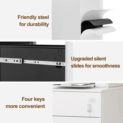 خزانة ملفات متنقلة مع 3 أقفال، و3 خزائن ملفات ذات أدراج للمكتب المنزلي، وخزانة ملفات معدنية أسفل المكتب مقاس A4/Letter/قانوني، وقابلة للقفل، ومجمعة بالكامل باستثناء العجلات، باللون الأبيض in Kuwait