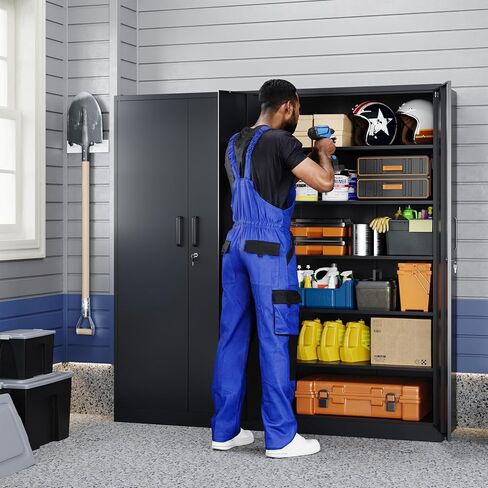 Yizosh Metal Garage Storage Cabinet with 2 Doors and 5 Adjustable Shelves - 71" Steel Lockable File Cabinet,Locking Tool Cabinets for Office,Home,Garage,Gym,School (Black) in Kuwait