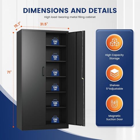 Yizosh Metal Garage Storage Cabinet with 2 Doors and 5 Adjustable Shelves - 71" Steel Lockable File Cabinet,Locking Tool Cabinets for Office,Home,Garage,Gym,School (Black) in Kuwait