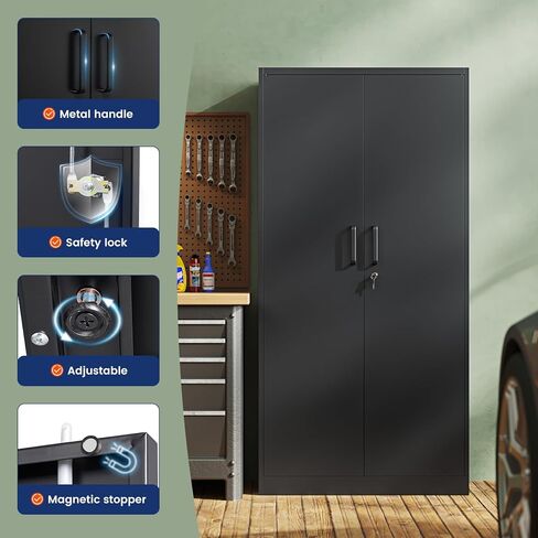 Yizosh Metal Garage Storage Cabinet with 2 Doors and 5 Adjustable Shelves - 71" Steel Lockable File Cabinet,Locking Tool Cabinets for Office,Home,Garage,Gym,School (Black) in Kuwait