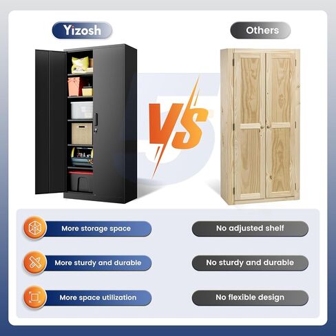 Yizosh Metal Garage Storage Cabinet with 2 Doors and 5 Adjustable Shelves - 71" Steel Lockable File Cabinet,Locking Tool Cabinets for Office,Home,Garage,Gym,School (Black) in Kuwait