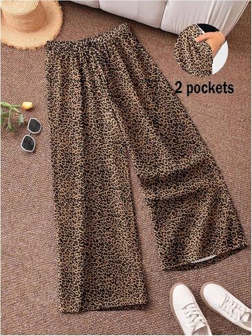 GORGLITTER Women's Plus Size Leopard Pants Y2k Elastic High Waist Loose Wide Leg Trousers in Saudi Arabia