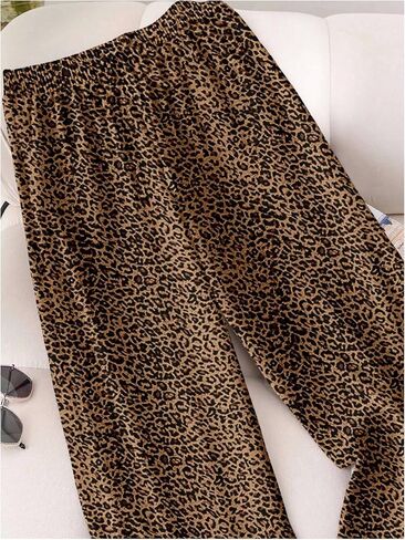 GORGLITTER Women's Plus Size Leopard Pants Y2k Elastic High Waist Loose Wide Leg Trousers in Saudi Arabia
