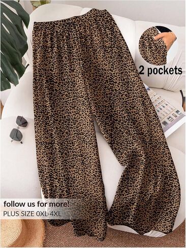 GORGLITTER Women's Plus Size Leopard Pants Y2k Elastic High Waist Loose Wide Leg Trousers in Saudi Arabia