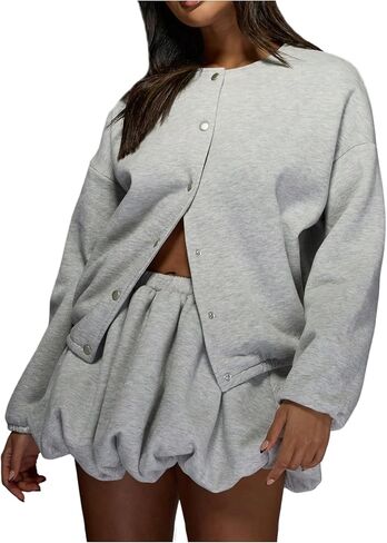 Women's Button Down Sweatshirts Long Sleeve Crewneck Bomber Jacket Street Fall Aesthetic Outfits in Saudi Arabia