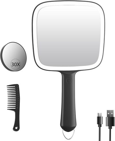 مرآة محمولة بإضاءة قابلة لإعادة الشحن بقدرة 2000 مللي أمبير في الساعة من فاميهومي، 3 أوضاع إضاءة ملونة وقابلة للتعتيم، مرآة يد مع مرآة مكبرة قابلة للفصل 30 مرة، محمولة وقابلة للتعليق للمكياج، وتصفيف الشعر، والحلاقة in Kuwait