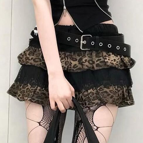 Gothic Punk Leopard Print Multi-Layer Lace Mini Puff Skirts for Women Steampunk Y2K Pleated Ballet Short Skirt in Saudi Arabia
