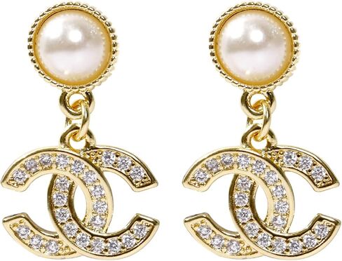 أقراط متدلية من اللؤلؤ الذهبي مع متدلية كريستالية، تصميم إطار مطرز، أقراط متدلية أنيقة للنساء لحفلات الزفاف والارتداء اليومي in Kuwait