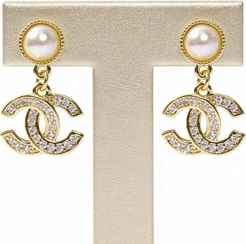 أقراط متدلية من اللؤلؤ الذهبي مع متدلية كريستالية، تصميم إطار مطرز، أقراط متدلية أنيقة للنساء لحفلات الزفاف والارتداء اليومي in Kuwait