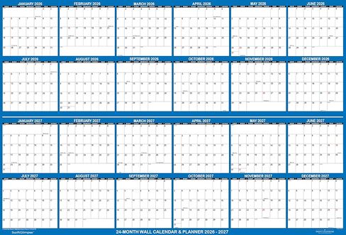 32" x 48" SwiftGlimpse 2026 2027 Wall Calendar, Large, Wet & Dry Erase Laminated, 24-Month Long Term Wall Planner, Navy in Kuwait