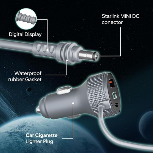كابل طاقة Starlink Mini Car Charger DC، 3M (10FT) كابل Starlink Mini 3 في 1، محول ولاعة السجائر 12V-48V مع شاشة رقمية، USB C PD 40W مع منافذ USB A 35W in Kuwait