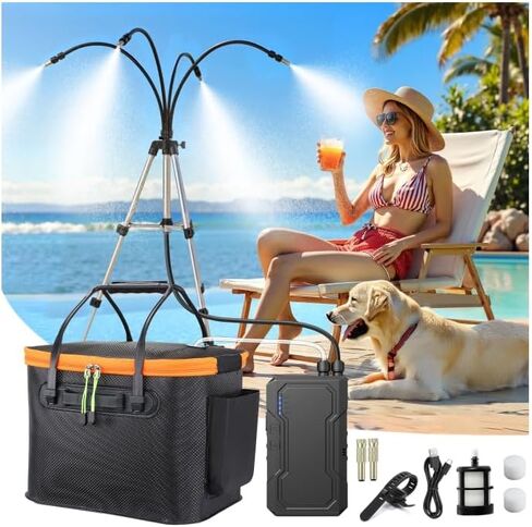 Ausic Portable Misting Systems, Outdoor Water Cooling Misters Set with 6000mAh Water Pump, 20L Bucket, 26FT (8M) Hose, 6*Nozzles, 10*Clips/Ties for Patio/Umbrella/Pasture/Greenhouse/Canopy/Camping in Saudi Arabia