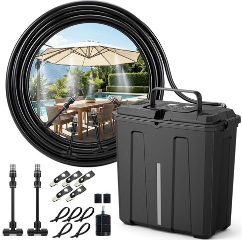 Ausic Portable Misting Systems, Outdoor Water Cooling Misters Set with 6000mAh Water Pump, 20L Bucket, 26FT (8M) Hose, 6*Nozzles, 10*Clips/Ties for Patio/Umbrella/Pasture/Greenhouse/Canopy/Camping in Saudi Arabia