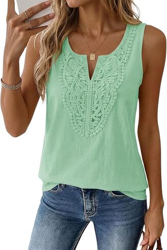 Yousify Womens Sleeveless Tank Tops Summer V Neck Linen Shirts Lace Boho Vacation Blouse Clothes in Saudi Arabia