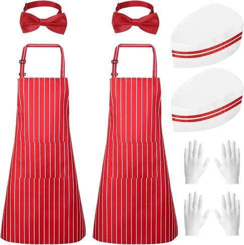 10 Pcs 1950s Waiter Costume Kit, Red and White Striped Apron with 2 Pockets, Chef Hat, White Gloves, Red Bow Ties Adjustable for Adult Circus Carnival Soda Jerk Hot Dog Costume Party in Saudi Arabia