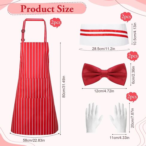 10 Pcs 1950s Waiter Costume Kit, Red and White Striped Apron with 2 Pockets, Chef Hat, White Gloves, Red Bow Ties Adjustable for Adult Circus Carnival Soda Jerk Hot Dog Costume Party in Saudi Arabia