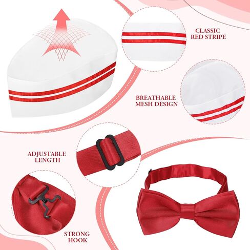 10 Pcs 1950s Waiter Costume Kit, Red and White Striped Apron with 2 Pockets, Chef Hat, White Gloves, Red Bow Ties Adjustable for Adult Circus Carnival Soda Jerk Hot Dog Costume Party in Saudi Arabia